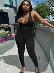 Solid Color Slit Scoop Neck Ottoman Rib Bodycon Jumpsuit