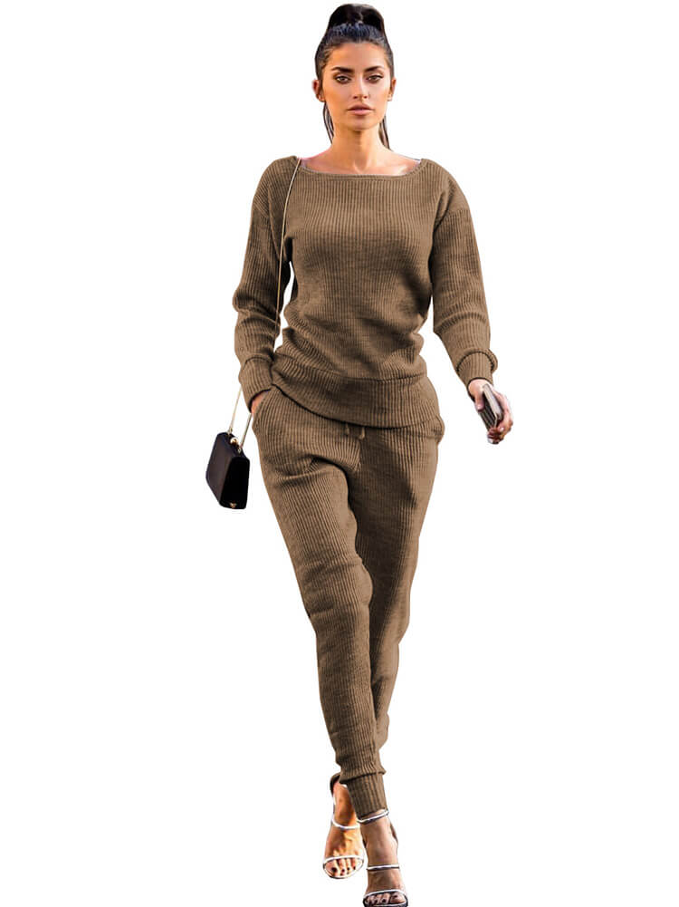 Two Piece Pullover Solid Color Top Pants Set