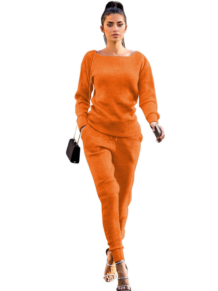 Two Piece Pullover Solid Color Top Pants Set