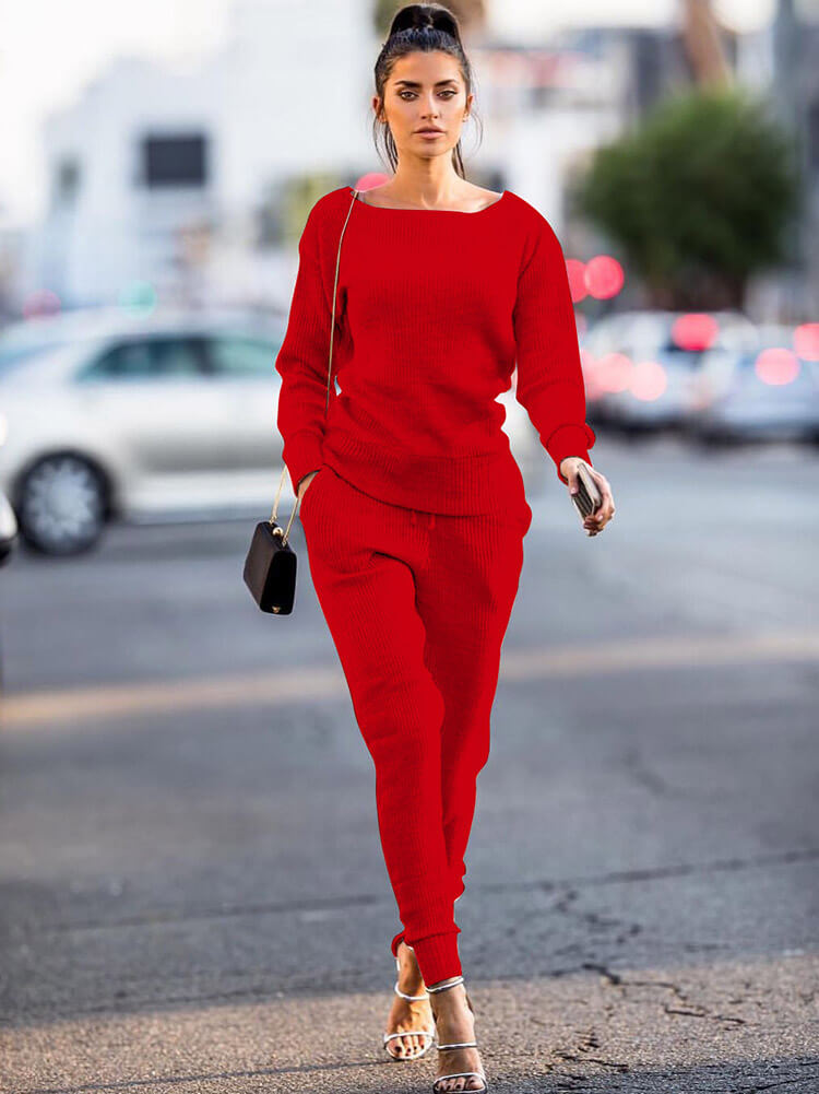 Two Piece Pullover Solid Color Top Pants Set