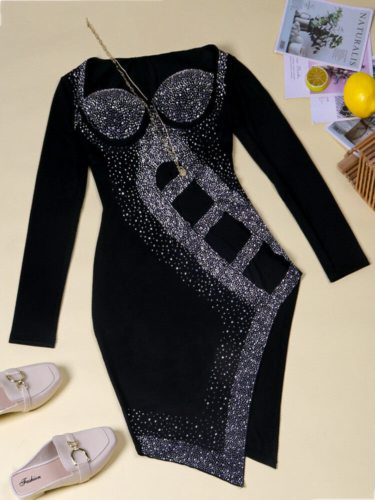 Long Sleeve Sequins Hollow Out Mini Dress