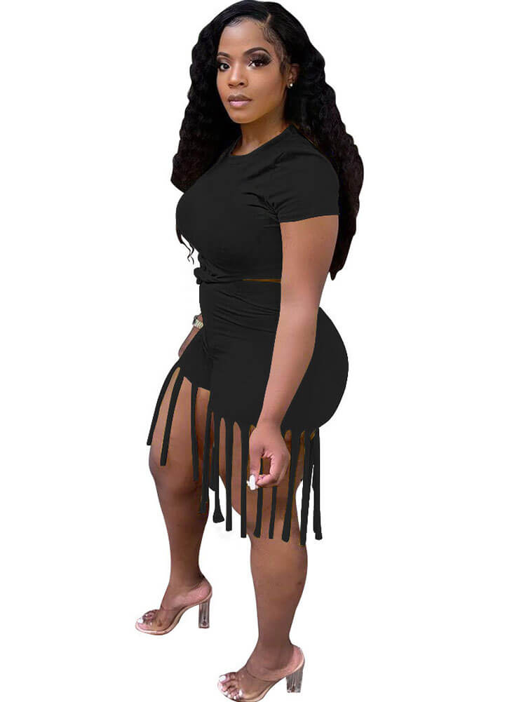 2 Piece Plus Size Knot Front Short Sleeve Top Tassels Shorts