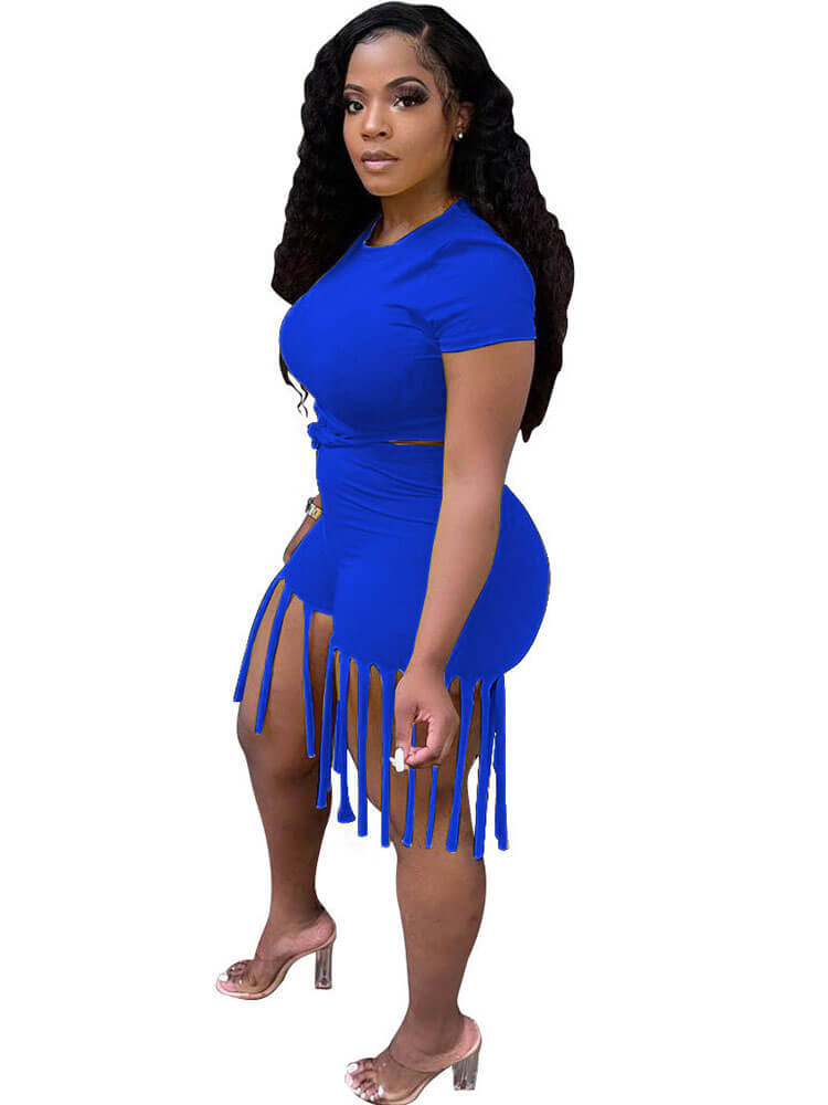 2 Piece Plus Size Knot Front Short Sleeve Top Tassels Shorts