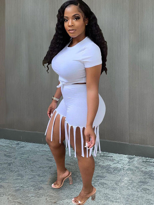 2 Piece Plus Size Knot Front Short Sleeve Top Tassels Shorts