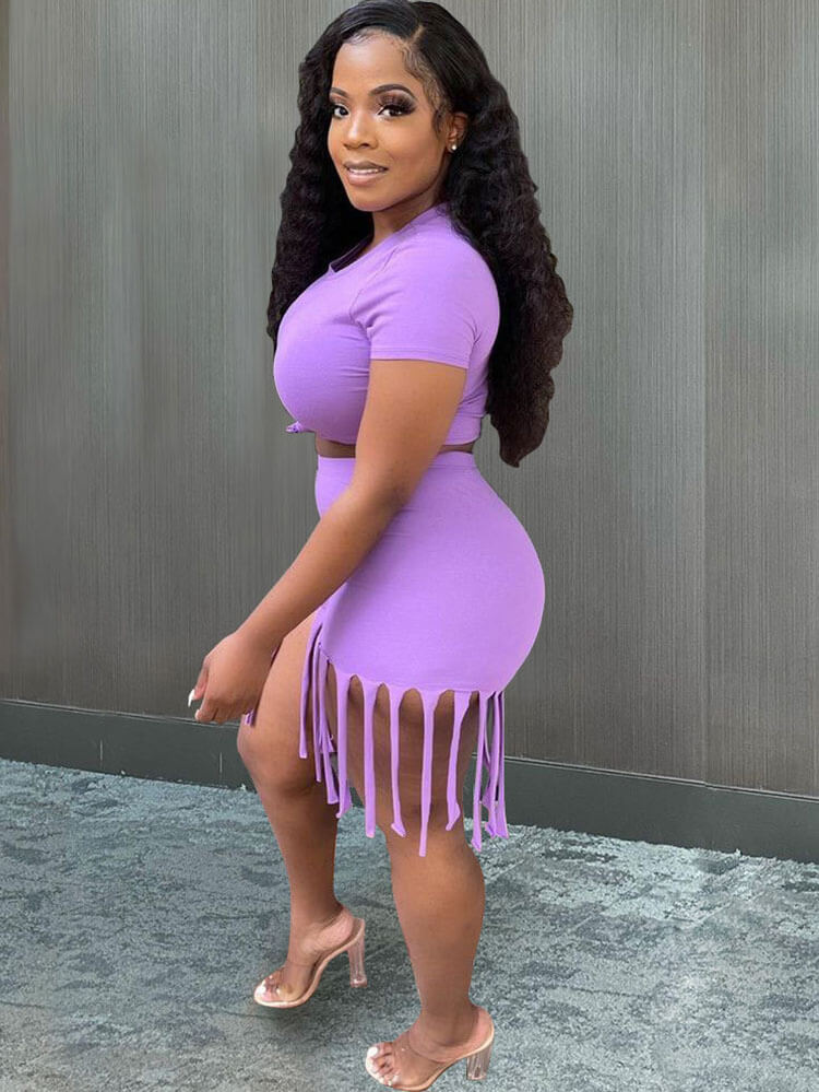 2 Piece Plus Size Knot Front Short Sleeve Top Tassels Shorts