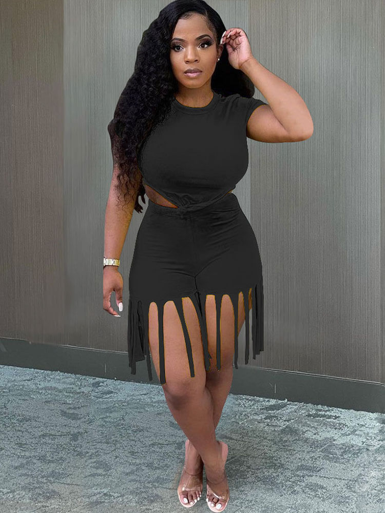 2 Piece Plus Size Knot Front Short Sleeve Top Tassels Shorts