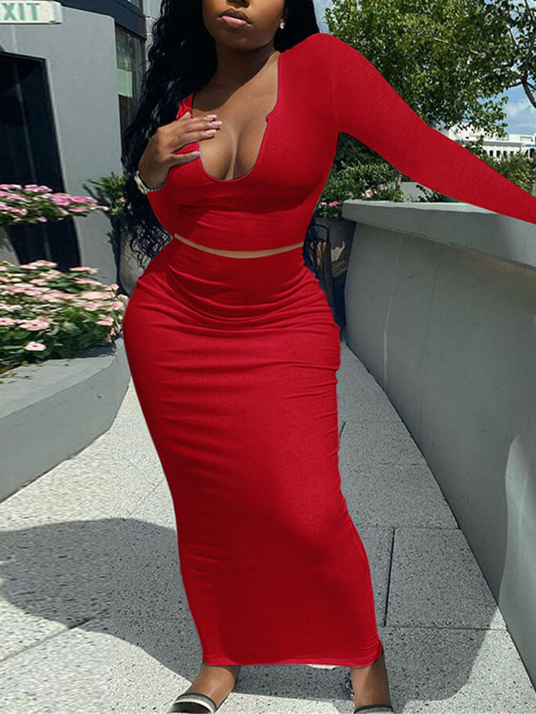 Two Piece Long Sleeve Rib Crop Top Bodycon Maxi Skirt