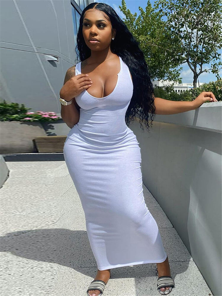 Solid Color Sleeveless Racerback Rib Bodycon Maxi Dress