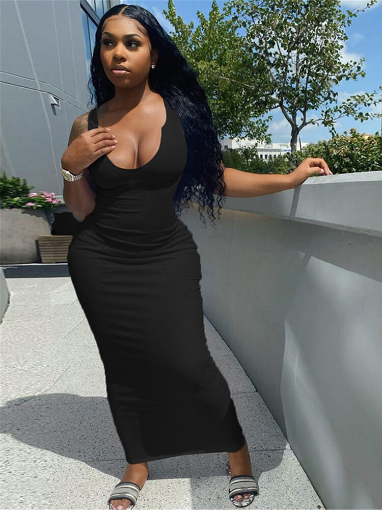Solid Color Sleeveless Racerback Rib Bodycon Maxi Dress