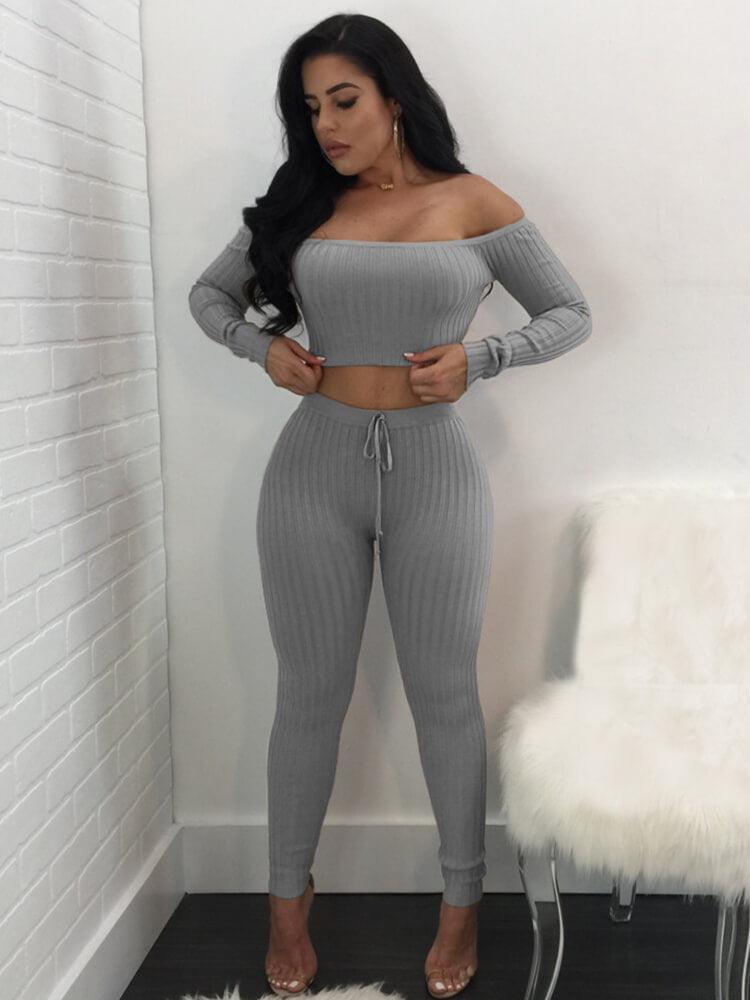 Two Piece Off Shoulder Crop Top Skinny Pants Set