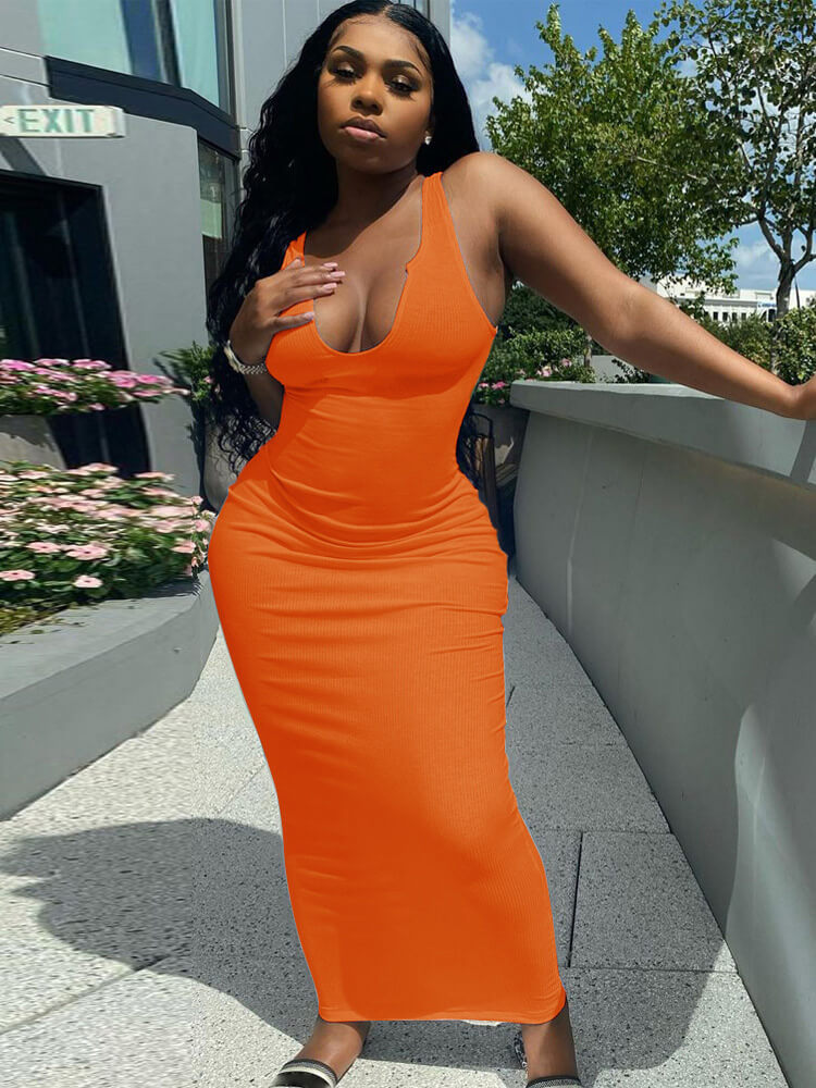 Solid Color Sleeveless Racerback Rib Bodycon Maxi Dress