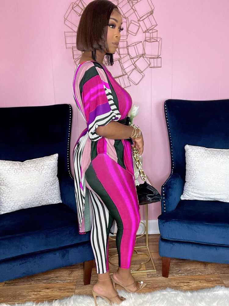 Two Piece Printed Irregular Top Skinny Long Pants