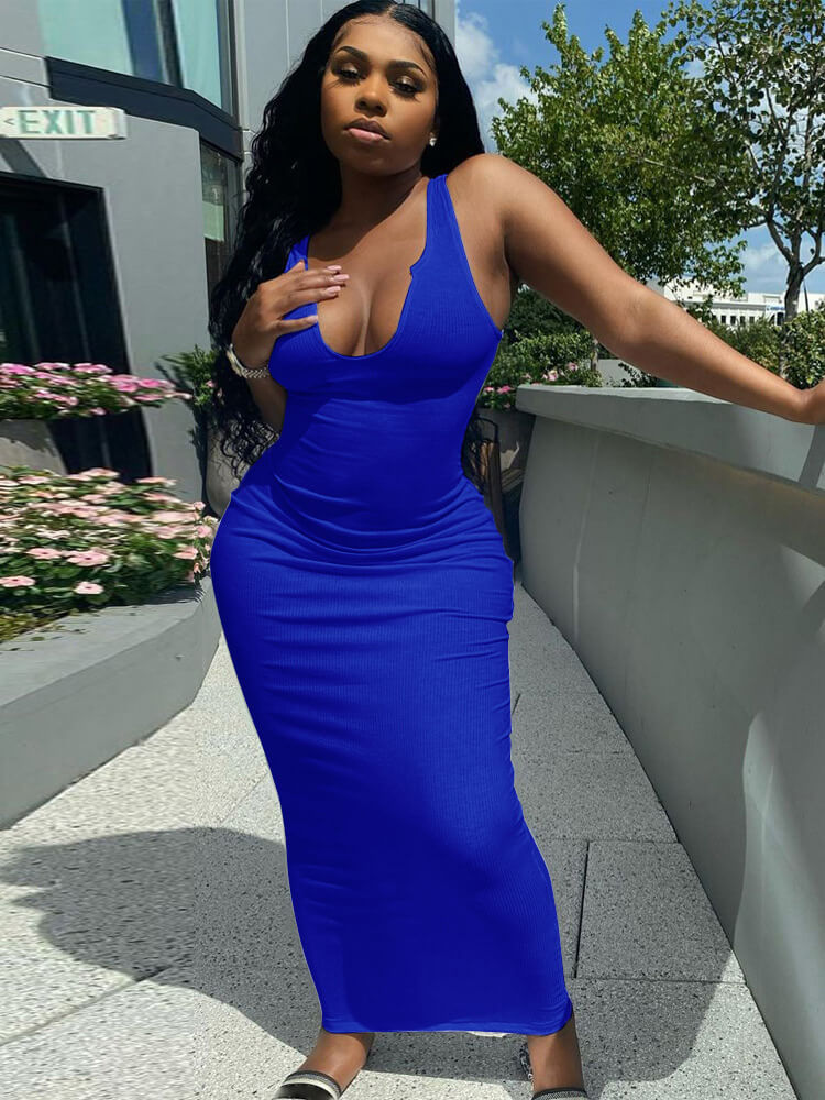 Solid Color Sleeveless Racerback Rib Bodycon Maxi Dress