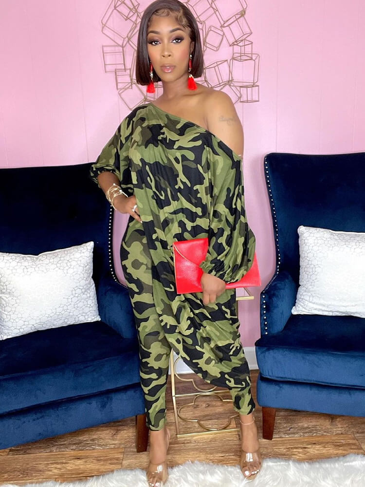 Two Piece Printed Irregular Top Skinny Long Pants