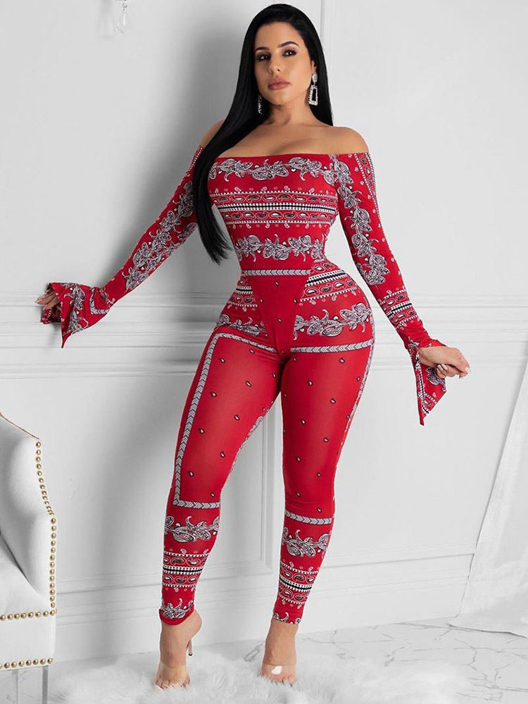 Two Pieces Print Off Shoulder Pants Sets