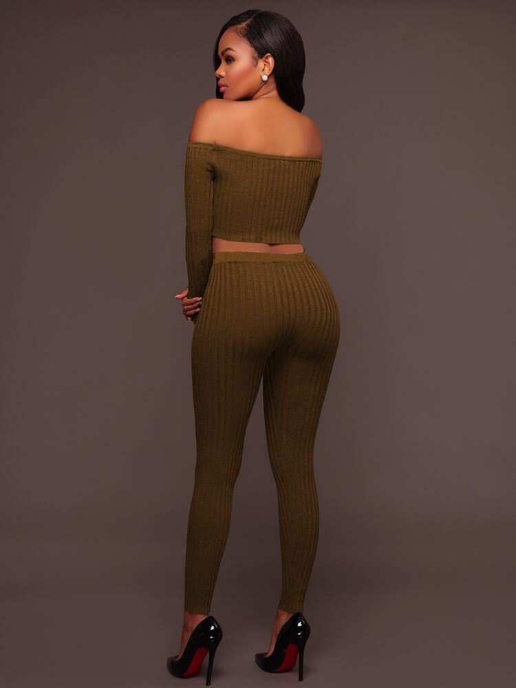 Two Piece Off Shoulder Crop Top Skinny Pants Set