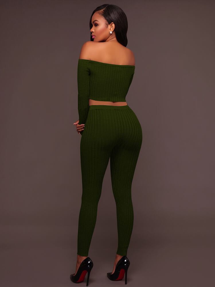 Two Piece Off Shoulder Crop Top Skinny Pants Set