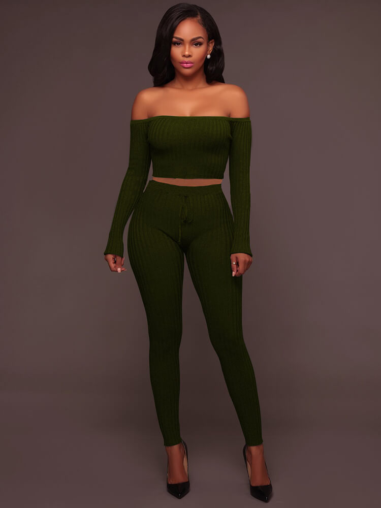 Two Piece Off Shoulder Crop Top Skinny Pants Set