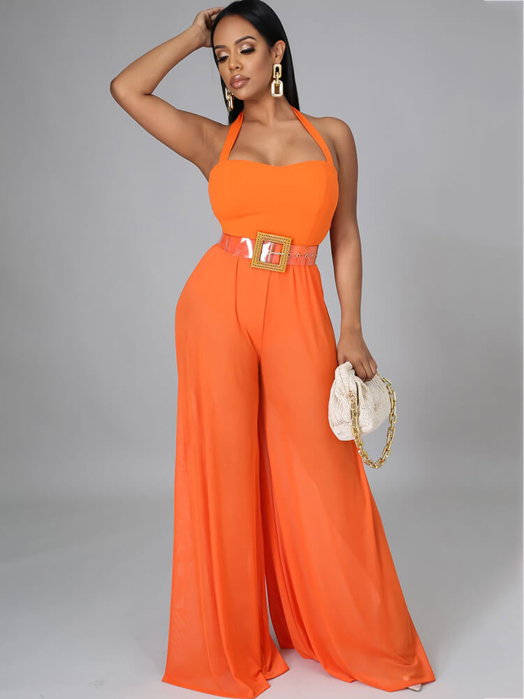 Halter Neck Strap Sheer Mesh Wide Leg Jumpsuit