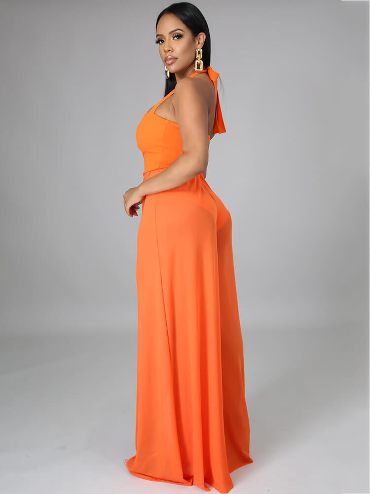 Halter Neck Strap Sheer Mesh Wide Leg Jumpsuit
