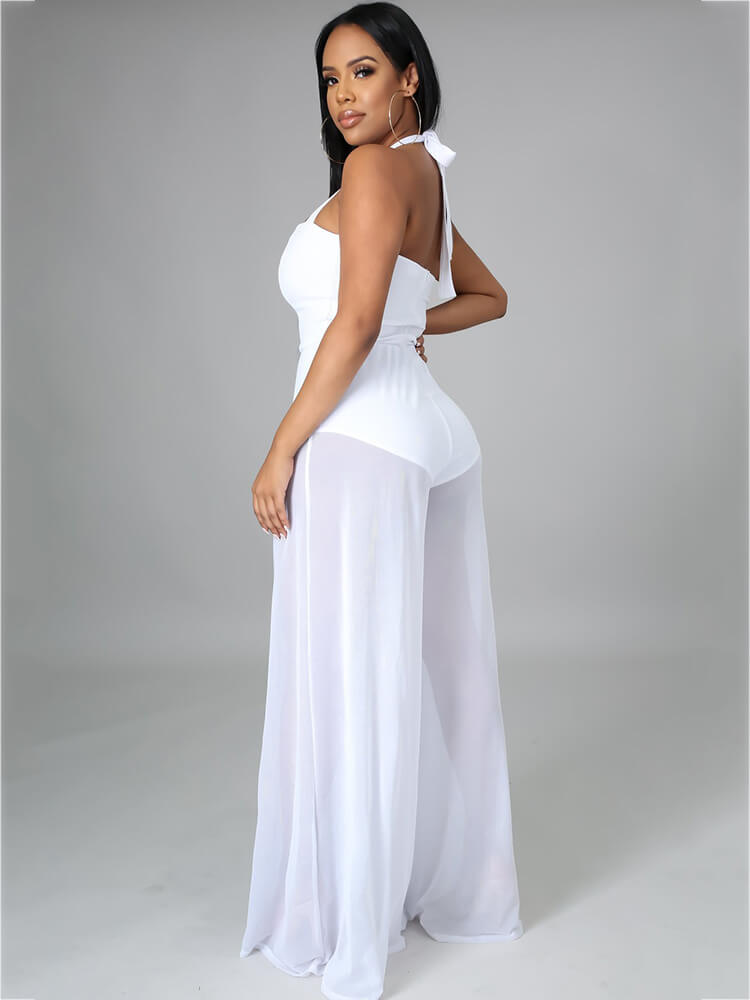 Halter Neck Strap Sheer Mesh Wide Leg Jumpsuit