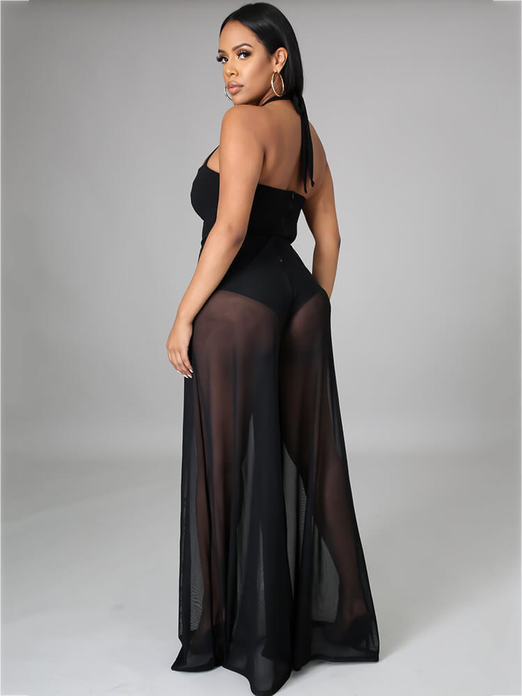 Halter Neck Strap Sheer Mesh Wide Leg Jumpsuit