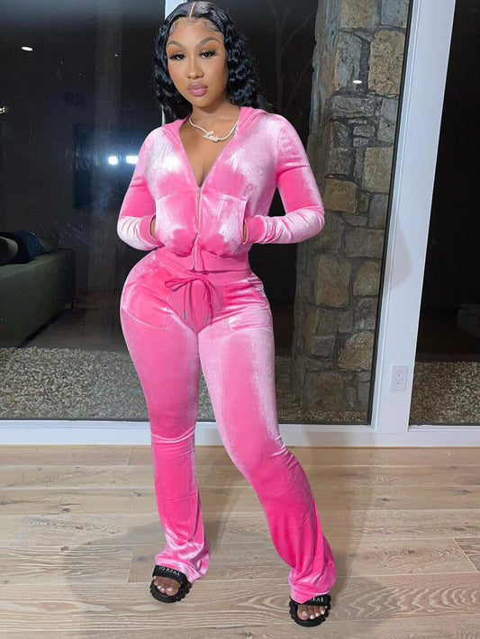 Velour Two Pieces Full Zipper Hooded Tracksuits with Pockets 750