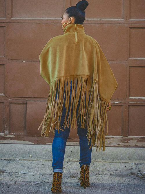 Batwing Sleeve Zipper Tassel Ponchos Top