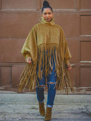 Batwing Sleeve Zipper Tassel Ponchos Top
