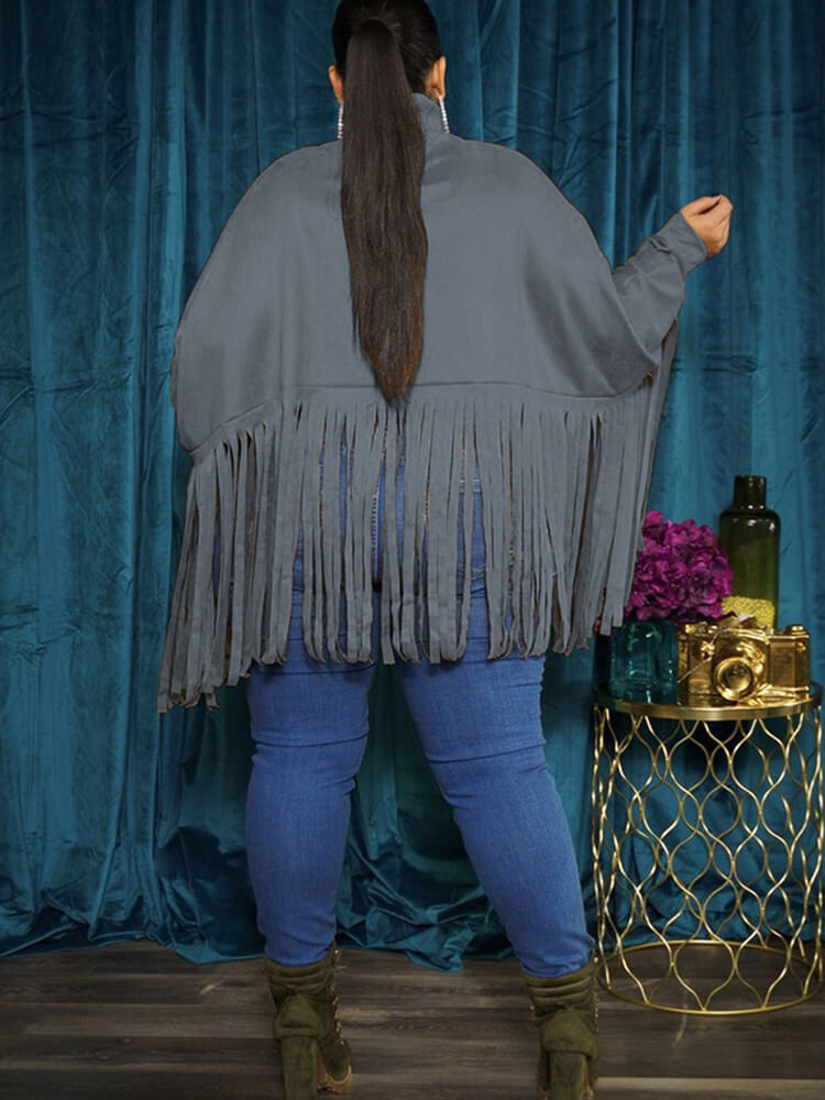 Batwing Sleeve Zipper Tassel Ponchos Top