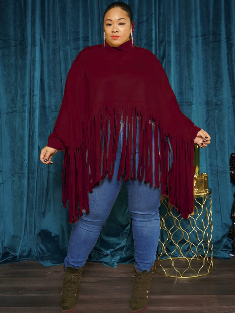 Batwing Sleeve Zipper Tassel Ponchos Top