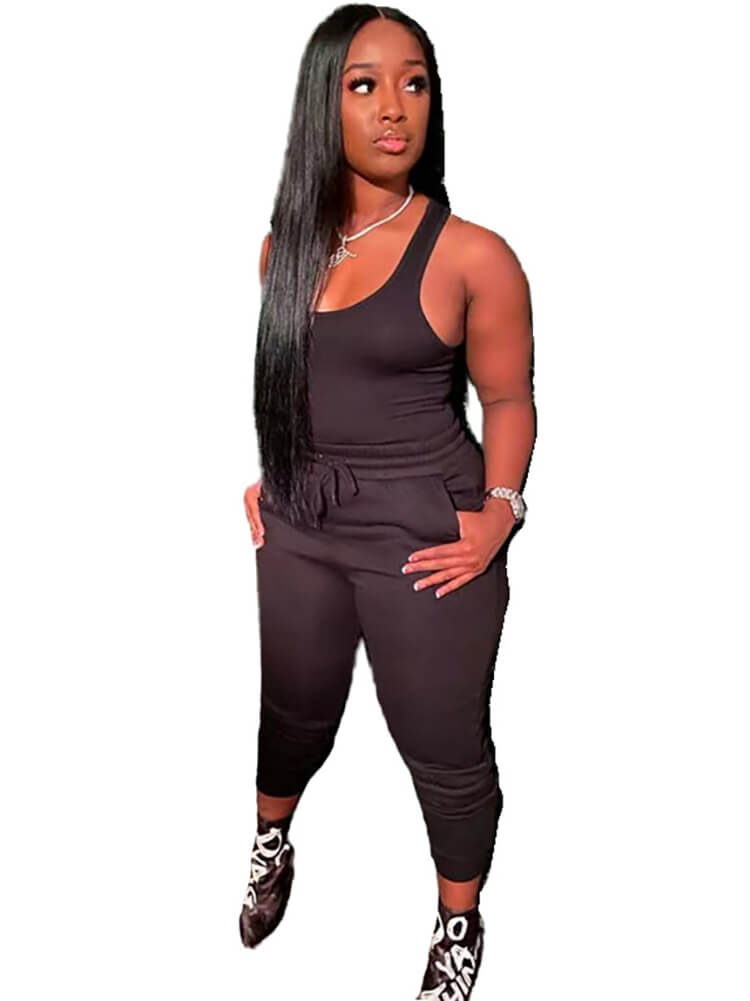 2 Piece Sleeveless Solid Color Tank Top Pants Set