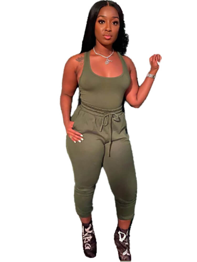 2 Piece Sleeveless Solid Color Tank Top Pants Set