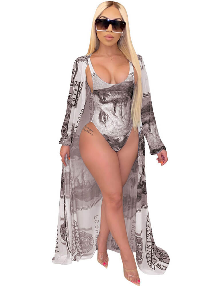 2 Piece Money Print Jumpsuit Bikini Cover Up