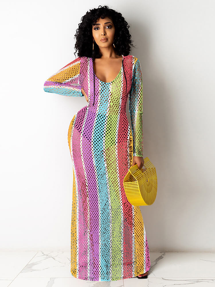 One Piece Multicolor Stripe Fishnet Cover Up Maxi Dress
