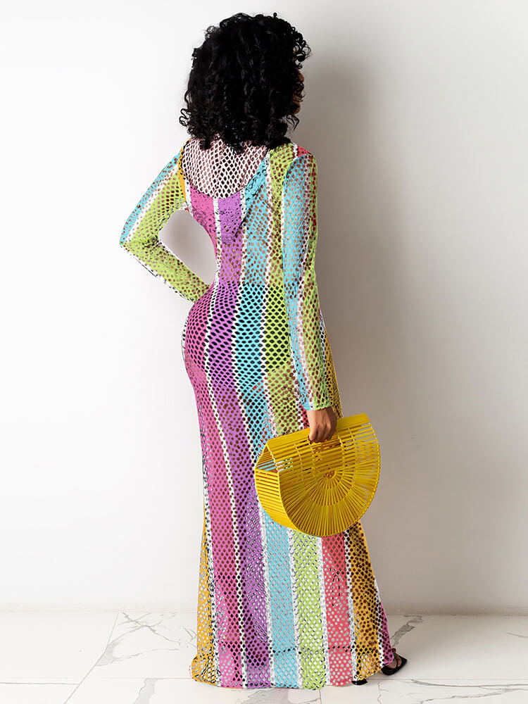 One Piece Multicolor Stripe Fishnet Cover Up Maxi Dress