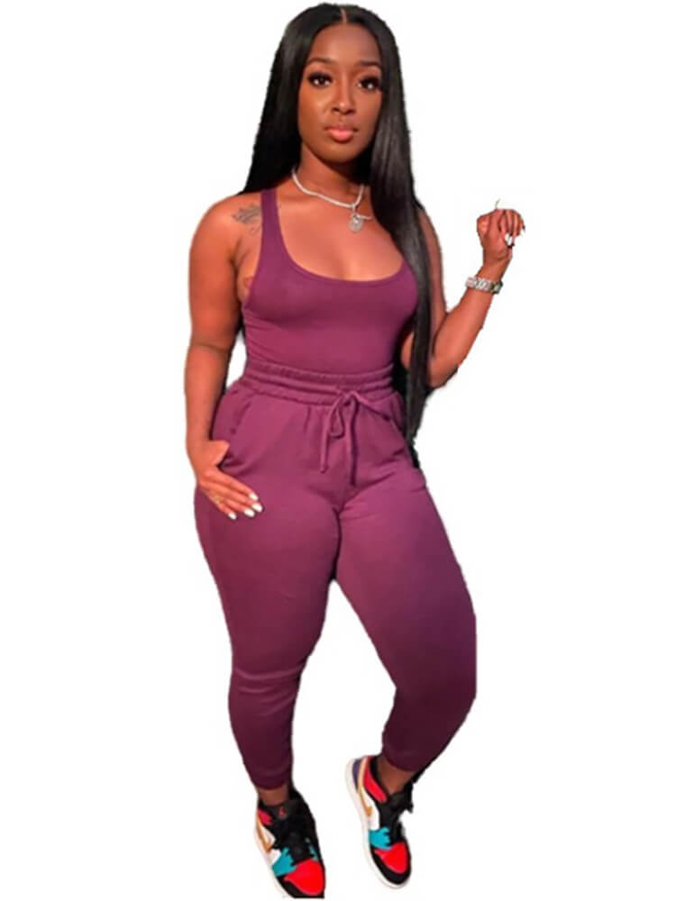 2 Piece Sleeveless Solid Color Tank Top Pants Set