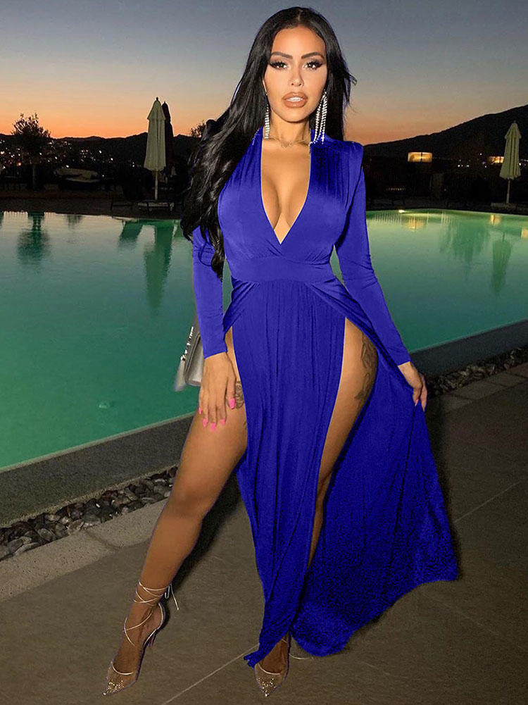 V Neck Solid Color Long Sleeve Slit Maxi Dress