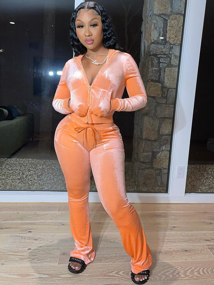 Velour Two Pieces Full Zipper Hooded Tracksuits with Pockets