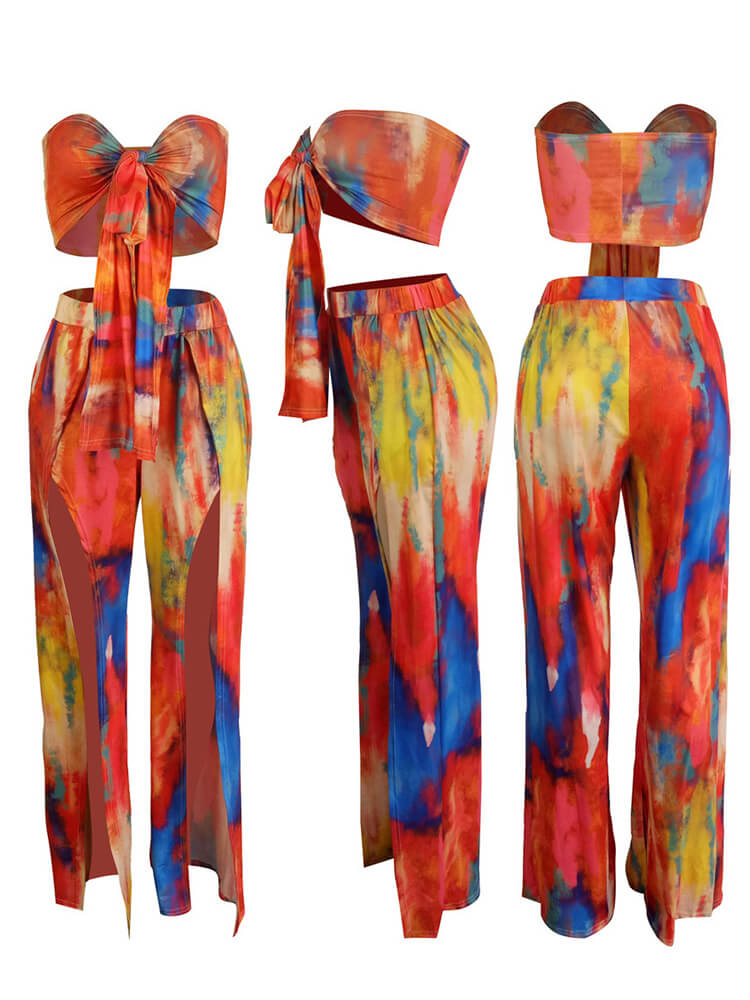 2 Piece Tie Dyed Strapless Bra Top Side Split Pants Set