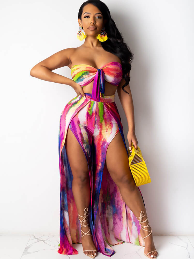 2 Piece Tie Dyed Strapless Bra Top Side Split Pants Set