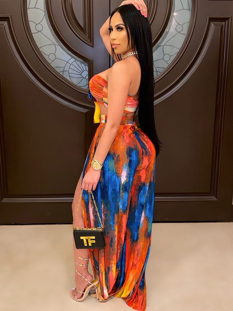 2 Piece Tie Dyed Strapless Bra Top Side Split Pants Set