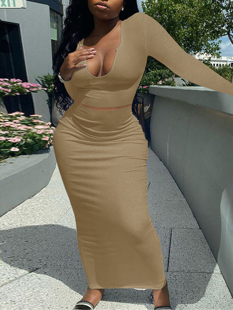 Two Piece Long Sleeve Rib Crop Top Bodycon Maxi Skirt