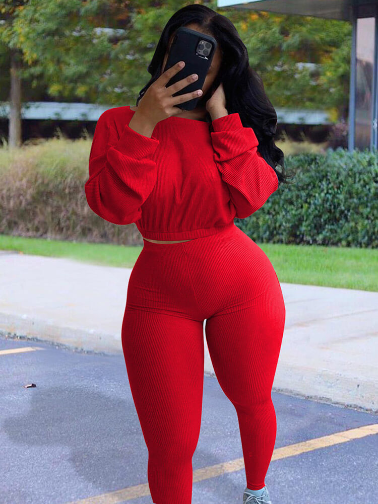 Two Pieces Ribbed Knit Top Skinny Pants