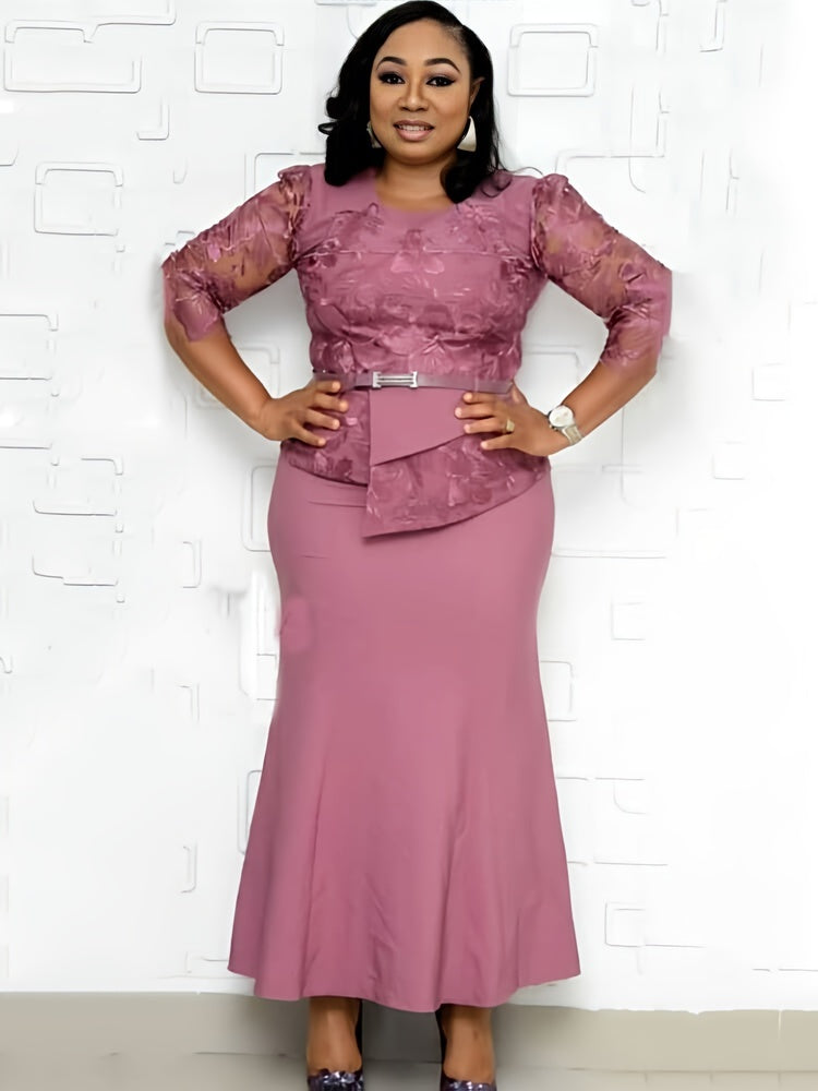 Plus Size Asymmetrical Mesh Lace Patchwork Long Dress