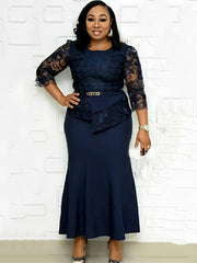 Plus Size Asymmetrical Mesh Lace Patchwork Long Dress