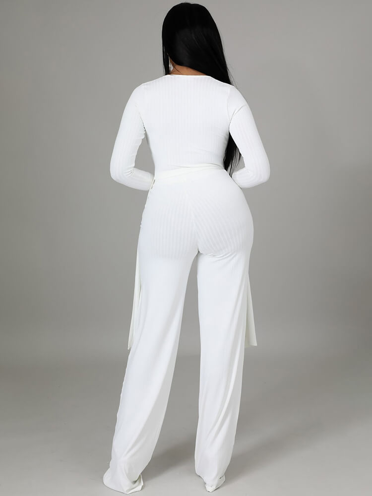 Two Pieces Irregular Lace Up V Neck Top Long Pants