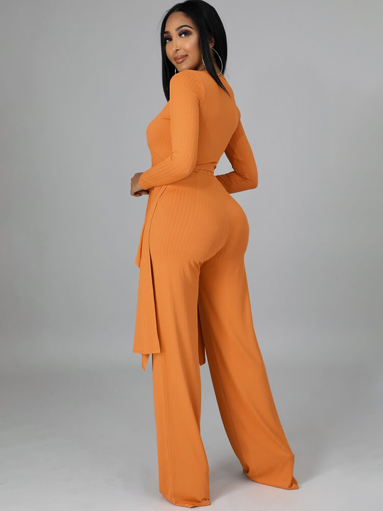 Two Pieces Irregular Lace Up V Neck Top Long Pants