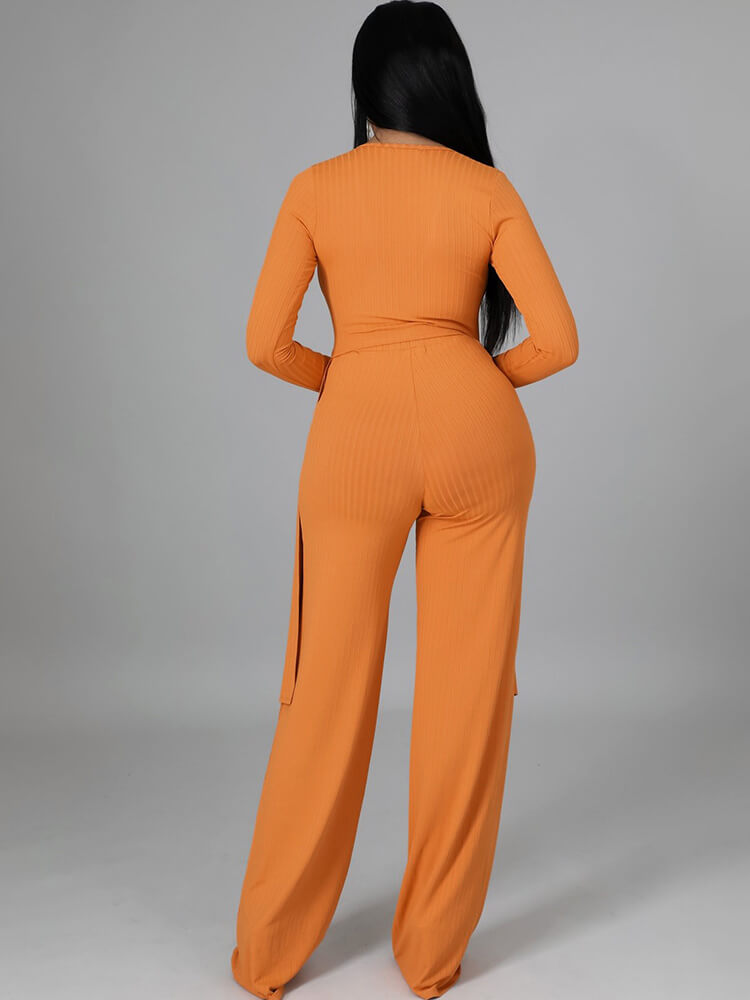 Two Pieces Irregular Lace Up V Neck Top Long Pants