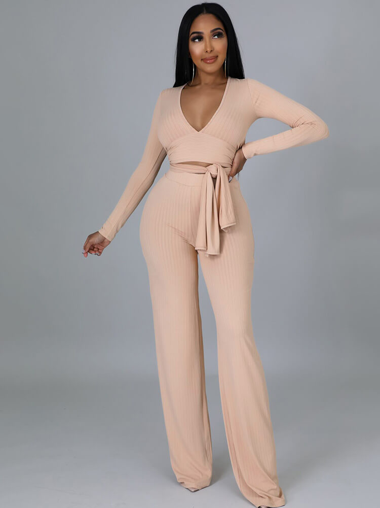 Two Pieces Irregular Lace Up V Neck Top Long Pants